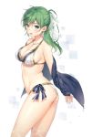  1girl artist_name bikini breasts cleavage contrapposto from_side green_eyes green_hair hair_ribbon jewelry long_hair looking_at_viewer medium_breasts necklace off_shoulder original ponytail ribbon rosary side-tie_bikini simple_background smile solo swimsuit tokki wet white_bikini 