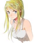  1girl bare_shoulders blonde_hair blue_eyes earrings eyebrows_visible_through_hair fullmetal_alchemist jewelry long_hair looking_at_viewer ponytail riru shirt simple_background smile solo white_background white_shirt winry_rockbell 