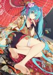  1girl ahoge aqua_eyes aqua_hair barefoot beek dutch_angle feet flower full_body hair_flower hair_ornament hatsune_miku highres japanese_clothes long_hair looking_at_viewer nail_polish oriental_umbrella soles solo toes twintails umbrella very_long_hair vocaloid 