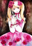  1girl blonde_hair bow brown_background brown_eyes bubble_skirt character_request copyright_request floral_print flower hanachan_(artist) hands_up head_tilt holding_scissors lips looking_to_the_side nail_polish pink_nails red_bow red_ribbon ribbon rose scissors skirt solo traditional_media twintails watercolor_(medium) 