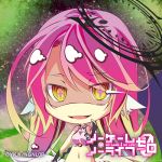  1girl angel_wings bridal_gauntlets chibi copyright_name crop_top evil_smile feathered_wings gloves gradient_hair halo jibril_(no_game_no_life) long_hair low_wings lowres magic_circle multicolored_hair navel no_game_no_life official_art open_mouth pink_hair smile solo tattoo white_wings wing_ears wings yellow_eyes 