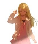  1girl blonde_hair closed_eyes earrings eyebrows_visible_through_hair fullmetal_alchemist happy jacket jewelry long_hair outstretched_hand pink_shirt riru shirt simple_background smile solo_focus sunlight white_background wind wind_lift winry_rockbell 