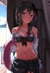  1girl bare_shoulders bikini black_bikini_top blue_eyes bow braid breasts brown_hair collarbone cowboy_shot day groin hair_between_eyes hair_bow hair_flaps hair_over_shoulder innertube kantai_collection looking_at_viewer medium_breasts navel orihi_chihiro outdoors red_bow sarong shigure_(kantai_collection) single_braid smile solo standing stomach swimsuit 