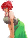 1girl alternate_costume alternate_hairstyle bangs bare_arms bare_shoulders blue_eyes blush braid cowboy_shot folded_ponytail green_skirt hong_meiling koyubi_(littlefinger1988) leaning_forward looking_away parted_lips redhead skirt smile solo tank_top touhou twin_braids v_arms 