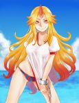  1girl arm_at_side arm_behind_back bare_arms bare_legs bikini bikini_bottom blonde_hair blue_sky bogyaku_no_m breasts chains cleavage closed_mouth clouds collarbone cowboy_shot cuffs day gluteal_fold gradient_hair hair_over_shoulder hips horn hoshiguma_yuugi large_breasts long_hair looking_at_viewer multicolored_hair ocean outdoors puffy_short_sleeves puffy_sleeves red_eyes redhead shackles shirt shirt_tug short_sleeves sky smile solo standing striped striped_bikini summer swimsuit touhou two-tone_hair very_long_hair water 