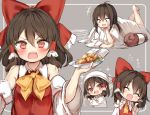  &gt;:d &gt;:o 1girl :d :o ^_^ ^o^ ascot bare_shoulders barefoot blush book bow brown_hair closed_eyes detached_sleeves food hair_bow hair_tubes hakurei_reimu headdress holding holding_plate multiple_views open_mouth piyokichi plate red_bow red_eyes short_hair smile touhou wild_and_horned_hermit yellow_ascot 