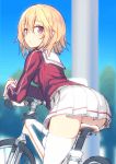  1girl :&lt; ass bicycle blonde_hair blush commentary_request day eyebrows_visible_through_hair from_behind ground_vehicle hair_between_eyes highres hiraga_matsuri long_sleeves looking_at_viewer looking_back original outdoors pink_eyes pleated_skirt pole red_shirt riding_bike school_uniform serafuku shirt sketch skirt sky solo thigh-highs white_legwear white_skirt 