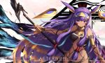  1980 1girl armband bare_shoulders dark_skin egyptian_clothes eruthika facial_mark fate/grand_order fate_(series) hairband highres long_hair looking_to_the_side multicolored_hair nitocris_(fate/grand_order) purple_hair solo staff two-tone_hair two-tone_hairband violet_eyes wind 