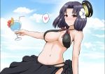  10s 1girl adapted_costume alternate_costume bikini bikini_skirt black_bikini black_bikini_bottom breasts closed_mouth day drink hair_intakes heart holding_glass kantai_collection large_breasts looking_at_viewer mechanical_halo navel outdoors pink_eyes purple_hair skindentation sky smile solo spoken_heart swimsuit tatsuta_(kantai_collection) underbust yano_toshinori 