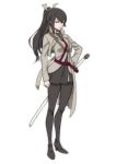  1girl black_hair black_legwear breasts coat full_body hand_on_hip high_heels kyakuo_(saru_to_realist) long_hair necktie ponytail sheath sheathed simple_background solo sword weapon white_background 