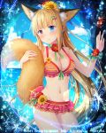  1girl animal_ears blue_eyes blush breasts cleavage closed_mouth crab eyebrows_visible_through_hair falkyrie_no_monshou flower fox_ears fox_tail hair_flower hair_ornament heterochromia large_breasts looking_at_viewer natsumekinoko navel official_art red_eyes solo sweatdrop swimsuit tail 