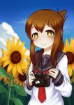  1girl absurdres blush brown_eyes brown_hair camera closed_mouth flower highres holding holding_camera inazuma_(kantai_collection) jacy kantai_collection long_sleeves looking_at_viewer necktie red_necktie short_hair smile solo sunflower upper_body 