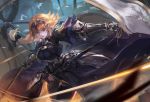  1girl bird black_bow blonde_hair blue_eyes bow braid chains cowter fate/apocrypha fate_(series) from_above gauntlets hair_bow headpiece highres kang_kang_zi lips looking_to_the_side outstretched_arms plackart ruler_(fate/apocrypha) single_braid solo standard_bearer sword thigh-highs weapon 