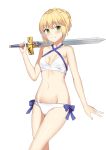  1girl absurdres arm_at_side artoria_pendragon_(swimsuit_archer)_(fate) bangs bare_arms bare_shoulders bikini blonde_hair blue_bow bow braid breasts collarbone cowboy_shot excalibur eyebrows_visible_through_hair fate/grand_order fate_(series) french_braid green_eyes groin halter_top halterneck hand_up highres holding holding_sword holding_weapon legs_crossed navel saber short_hair simple_background small_breasts smile solo stomach swimsuit sword unscpro weapon white_background white_bikini 