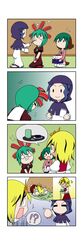  !? &gt;_&lt; 4girls 4koma :d absurdres bandaid blonde_hair blue_hair closed_eyes comic first_aid_kit green_hair green_tea highres kagiyama_hina kasodani_kyouko kumoi_ichirin multiple_girls open_mouth rakugaki-biyori silent_comic smile tea toramaru_shou touhou 