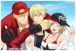  1girl 2boys adjusting_clothes alice_(fatal_fury) backwards_hat blonde_hair bra closed_eyes dated fatal_fury fingerless_gloves gloves happy_birthday hat jacket multiple_boys one_eye_closed open_mouth rock_howard satowo smile snk terry_bogard the_king_of_fighters the_king_of_fighters_xiv underwear upper_body v 