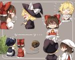  2girls ^_^ ^o^ ascot bare_shoulders blonde_hair bow braid brown_hair chopsticks closed_eyes detached_sleeves dress hair_bow hair_tubes hakurei_reimu hat holding_chopsticks kirisame_marisa multiple_girls multiple_views piyokichi red_bow short_hair short_sleeves single_braid smile touhou witch_hat yellow_ascot 