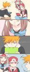  4koma baseball_cap blue_(pokemon) breasts brown_eyes brown_hair caught cleavage collarbone comic game_console half-closed_eyes handheld_game_console hat highres nintendo_3ds ookido_green orange_eyes peeking pokemon pokemon_(game) pokemon_frlg pokemon_hgss pumpkinpan red_(pokemon) smile sweat textless 