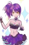  1girl absurdres bow breasts choker cleavage fingerless_gloves gloves hair_bow heart heart_necklace highres layered_skirt looking_at_viewer medium_breasts midriff navel pripara purple_hair saku_t side_ponytail smile strapless toudou_shion tubetop yellow_eyes 