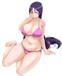  1girl ^_^ absurdres araki_jeccy bare_shoulders barefoot bikini blush breasts cleavage closed_eyes collarbone fate/grand_order fate_(series) hand_on_own_cheek highres large_breasts long_hair minamoto_no_raikou_(fate/grand_order) navel purple_bikini purple_hair simple_background sitting smile solo swimsuit very_long_hair white_background yokozuwari 