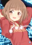  10s 1girl arm_up bangs blush brown_hair commentary_request eyebrows_visible_through_hair hand_up hiraga_matsuri hood hoodie idolmaster idolmaster_cinderella_girls kitami_yuzu looking_at_viewer night open_mouth outdoors pom_pom_(clothes) sidelocks smile solo tareme upper_body 