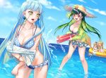  4girls blush_stickers breasts c_piao_jun collarbone earrings g11_(girls_frontline) g28_(girls_frontline) girls_frontline hat highres hk416_(girls_frontline) innertube jewelry large_breasts long_hair multiple_girls ocean sky sleeping straw_hat swimsuit ump45_(girls_frontline) ump9_(girls_frontline) water_gun 