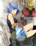  1girl bei_mochi blue_eyes blue_hair breasts brown_gloves can drill gloves hair_bobbles hair_ornament hairclip hisou_tensoku kawashiro_nitori large_breasts looking_at_viewer mouth_hold pipes shorts sitting solo sweat tank_top touhou two_side_up wrench 