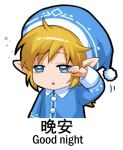  1boy blonde_hair blue_eyes chinese e= eyebrows_visible_through_hair link looking_at_viewer lowres parted_lips pointy_ears rubbing_eyes shangguan_feiying short_hair sleeping_cap solo the_legend_of_zelda the_legend_of_zelda:_breath_of_the_wild translation_request 