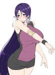  1girl absurdres araki_jeccy armpits bare_shoulders blush breasts fate/grand_order fate_(series) highres long_hair minamoto_no_raikou_(fate/grand_order) purple_hair shorts simple_background sleeveless solo sportswear sweat very_long_hair violet_eyes volleyball_uniform white_background 