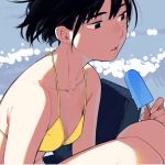  1girl bare_shoulders bikini black_eyes black_hair breasts commentary_request food halter_top halterneck highres holding lips mole mole_under_eye nose original ouchi_kaeru parted_lips popsicle short_hair small_breasts solo swimsuit upper_body water yellow_bikini 