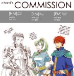  1girl 2boys armor blue_eyes blue_hair breasts dress earrings eliwood_(fire_emblem) english fingerless_gloves fire_emblem fire_emblem:_rekka_no_ken gloves green_eyes green_hair greyscale hector_(fire_emblem) high_ponytail jewelry long_hair lyndis_(fire_emblem) male_focus monochrome multiple_boys ponytail redhead short_hair smile sword weapon 