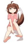 1girl :3 ahoge animal_ears bare_legs barefoot between_legs brown_eyes brown_hair collarbone commentary dog_ears dog_tail eyebrows_visible_through_hair feet floppy_ears hand_between_legs highres kaafi looking_at_viewer no_pants original pink_shirt pink_t-shirt shirt short_hair simple_background smug solo t-shirt tail toes white_background