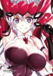  1girl :p arm_up bare_shoulders breasts cleavage clenched_hand elbow_gloves female gloves hair_between_eyes hand_up headgear headpiece headset highres hinahime large_breasts light_particles long_hair looking_at_viewer low_twintails naughty_face senki_zesshou_symphogear silver_hair sleeveless smile solo tongue tongue_out upper_body violet_eyes yukine_chris 