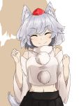  1girl animal_ears bare_shoulders blush closed_eyes closed_mouth fang hat highres inubashiri_momiji pom_pom_(clothes) red_eyes smile solo tagme tail tokin_hat touhou tyouseki white_hair wolf_ears wolf_tail 