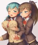  2girls blazer blush bow bowtie breast_envy breast_grab breast_lift breast_squeeze breasts brown_hair brown_skirt buttons cleavage commentary_request grabbing green_eyes green_hair groping hair_ornament hairclip high_ponytail jacket kantai_collection kumano_(kantai_collection) large_breasts long_hair maku_ro multiple_girls one_eye_closed open_clothes open_mouth pleated_skirt ponytail red_bow school_uniform simple_background skirt suzuya_(kantai_collection) yuri 