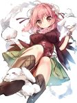  1girl bandage bandaged_arm brown_shoes bun_cover chinese_clothes double_bun flower food green_skirt holding holding_food ibaraki_kasen open_mouth pink_eyes pink_hair pink_rose piyokichi rabbit rose shoes short_hair skirt solo touhou 