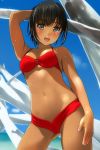  1girl arm_up bikini black_eyes black_hair blush breasts eyebrows_visible_through_hair highres looking_at_viewer matsunaga_kouyou navel open_mouth original red_bikini short_hair sky small_breasts solo swimsuit tan 