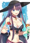  1girl bare_shoulders bikini blue_eyes blush breasts choker cleavage cup drinking_glass fate/grand_order fate_(series) frills hat highres large_breasts long_hair looking_at_viewer navel nikame open_mouth purple_hair rosary saint_martha saint_martha_(swimsuit_ruler)_(fate) smile solo swimsuit umbrella 