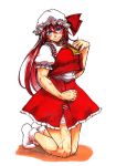  1girl ascot bangs blue_eyes blush bobby_socks braid breasts commentary_request cosplay flandre_scarlet flandre_scarlet_(cosplay) frilled_skirt frills full_body hair_between_eyes hand_up hat hat_ribbon hong_meiling kneeling koyubi_(littlefinger1988) large_breasts legs long_hair looking_at_viewer mob_cap muscle muscular_female no_shoes outline puffy_short_sleeves puffy_sleeves red_skirt red_vest redhead ribbon scar shiny shiny_hair shirt short_sleeves simple_background skirt skirt_set smile socks solo thighs touhou twin_braids very_long_hair vest white_background white_legwear white_shirt 