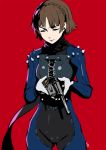  1girl bangs black_scarf bodysuit braid breasts brown_hair closed_eyes commentary crown_braid gloves gun handgun highres holding holding_gun holding_weapon medium_breasts nanaya_(daaijianglin) niijima_makoto persona persona_5 red_background reloading revolver scarf shiny shiny_clothes short_hair simple_background solo spikes standing weapon white_gloves 