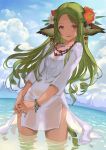  1girl animal_ears breasts clouds cowboy_shot dark_skin day dress flower green_hair hair_flower hair_ornament hairclip highres interlocked_fingers jewelry long_hair looking_at_viewer nurumi open_mouth original outdoors red_eyes see-through sky small_breasts smile solo tail wading water wet wet_clothes white_dress 