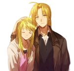  1boy 1girl blonde_hair closed_eyes coat couple edward_elric eyebrows_visible_through_hair formal fullmetal_alchemist hand_on_another&#039;s_head happy jacket long_hair looking_at_another pink_shirt ponytail riru shirt simple_background smile suit white_background winry_rockbell yellow_eyes 