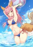  1girl :d animal animal_ears armpits arms_up ball bangs beachball bikini bird blue_bikini blue_sky blush bracelet breasts clouds eyebrows_visible_through_hair fang fate/extra fate_(series) fox_ears fox_tail holding holding_ball jewelry kaetzchen legs_together long_hair looking_at_viewer looking_back medium_breasts navel open_mouth pink_hair shiny shiny_skin side-tie_bikini sky smile solo swimsuit tail tamamo_(fate)_(all) tamamo_no_mae_(swimsuit_lancer)_(fate) transparent twitter_username wading water_drop yellow_eyes 