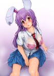  1girl animal_ears between_breasts blue_skirt blush bra breasts collared_shirt dress_shirt erect_nipples large_breasts long_hair looking_at_viewer miniskirt necktie necktie_between_breasts pink_bra pleated_skirt purple_hair rabbit_ears red_eyes red_necktie reisen_udongein_inaba see-through shirt sitting skirt solo touhou underwear wc3215410 wet wet_clothes white_shirt 