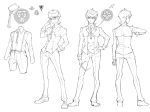  1boy adjusting_glasses bolo_tie contrapposto full_body gakuen_koushounin glasses glasses_removed greyscale hand_on_hip highres houjou_makoto male_focus monochrome multiple_views production_art reference_sheet short_hair simple_background suspenders turnaround white_background yoneyama_mai 