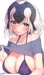  1girl artist_name bare_shoulders bikini breasts cleavage fate/grand_order fate_(series) halter_top halterneck headpiece jeanne_alter large_breasts lifted_by_self lips looking_at_viewer matarou_(genkai_toppa) parted_lips purple_bikini ruler_(fate/apocrypha) shirt_lift silver_hair simple_background smile solo swimsuit white_background yellow_eyes 