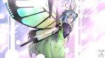  1girl absurdres antennae bangs blue_hair breasts bright_background butterfly butterfly_wings clouds cloudy_sky day dress eternity_larva flying green_dress hair_ornament highres leaf leaf_hair_ornament looking_at_viewer short_hair sky smile solo sunlight touhou wings yellow_eyes 