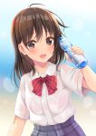  1girl aibumi blurry blurry_background bottle brown_eyes brown_hair highres long_hair looking_at_viewer original school_uniform solo sweat water_bottle wet wet_clothes 