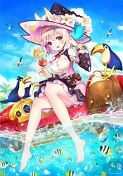  1girl barefoot bird black_cat black_hat blonde_hair breasts cat cleavage cup drinking_glass drinking_straw eyebrows_visible_through_hair fantasy hat highres holding holding_drinking_glass hoshi_wo_mawaru_majotachi large_breasts looking_at_viewer ocean pierorabu red_eyes seagull soaking_feet summer toucan witch_hat 