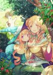  2girls :o age_difference basket bear blonde_hair branch breasts elf from_above gloves halterneck hat highres jewelry large_breasts looking_at_viewer mocco multiple_girls original pointy_ears smile tareme tree violet_eyes waving_arm witch_hat 